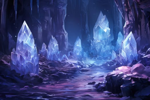 Deep within the realms of fantasy, mysterious icy caves hold untold treasures, guarded by glistening crystal golems.