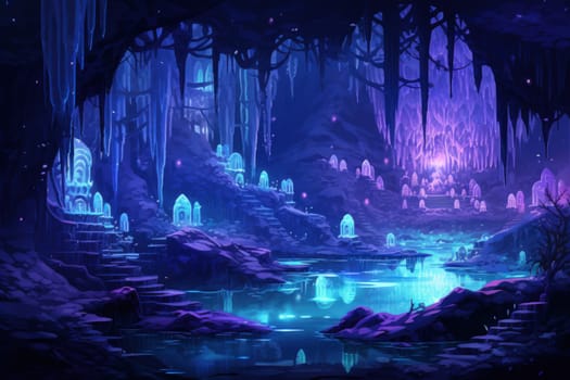 Deep within the realms of fantasy, mysterious icy caves hold untold treasures, guarded by glistening crystal golems.