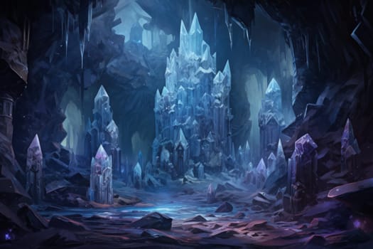 Deep within the realms of fantasy, mysterious icy caves hold untold treasures, guarded by glistening crystal golems.