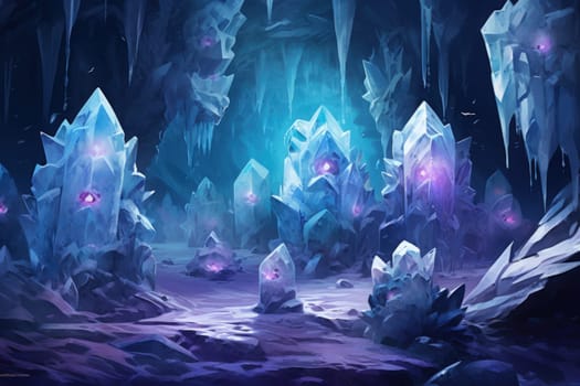 Deep within the realms of fantasy, mysterious icy caves hold untold treasures, guarded by glistening crystal golems.