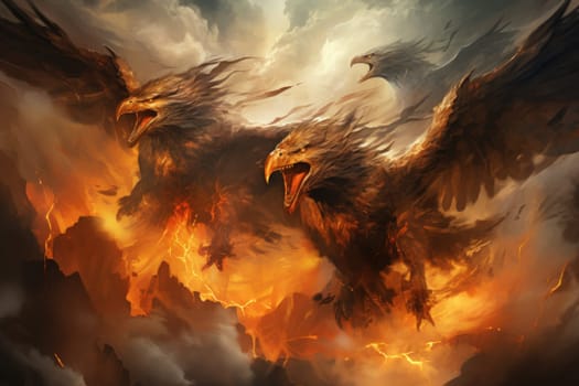 In the realm of fantasy, the skies are home to ferocious thunder hawks, majestic creatures that command the elements.