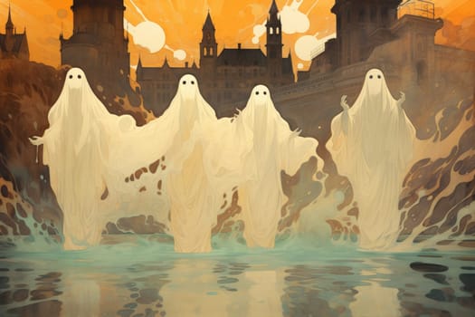 In the realm of fantasy, eerie and ethereal, ancient ruins and crumbling castles are shrouded in an unsettling atmosphere, haunted by ghostly apparitions.
