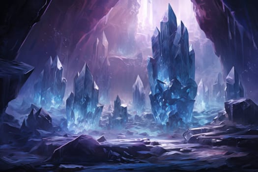 Deep within the realms of fantasy, mysterious icy caves hold untold treasures, guarded by glistening crystal golems.