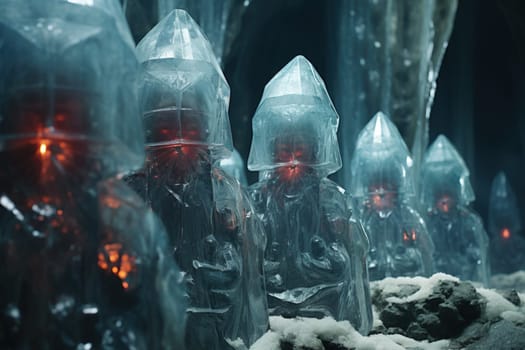 Deep within the realms of fantasy, mysterious icy caves hold untold treasures, guarded by glistening crystal golems.