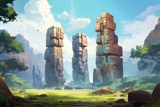 Behold the majestic marvels of the past - ancient stone colossi, towering giants hewn from the very bedrock itself.