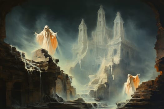 In the realm of fantasy, eerie and ethereal, ancient ruins and crumbling castles are shrouded in an unsettling atmosphere, haunted by ghostly apparitions.