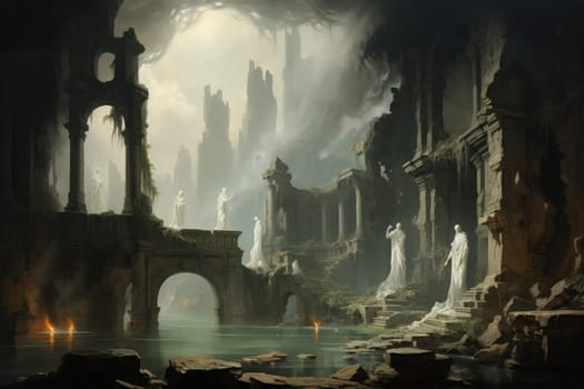 In the realm of fantasy, eerie and ethereal, ancient ruins and crumbling castles are shrouded in an unsettling atmosphere, haunted by ghostly apparitions.
