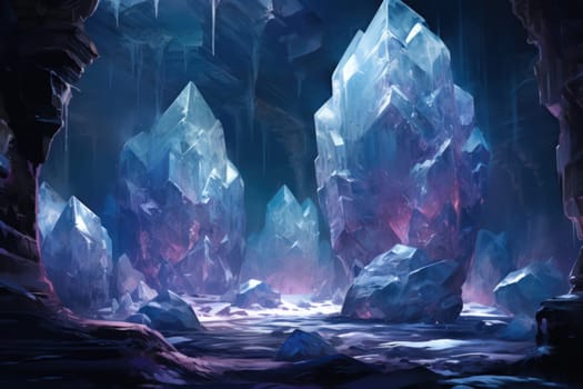 Deep within the realms of fantasy, mysterious icy caves hold untold treasures, guarded by glistening crystal golems.