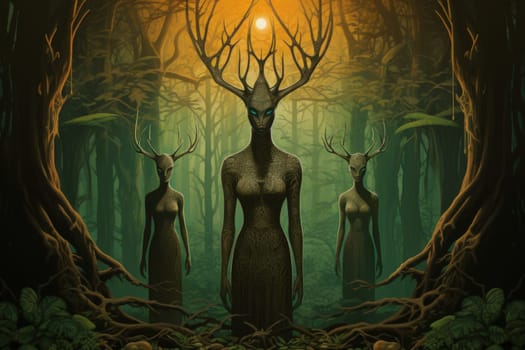 Deep within the mystical woodland realms of fantasy, ancient forest spirits stand as silent sentinels, their ethereal presence a testament to the wisdom and magic of the natural world.