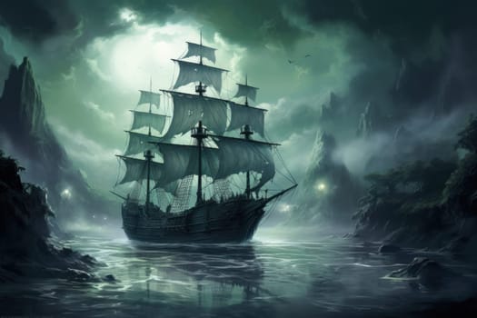 Embark on a haunting journey across the treacherous waters with this captivating illustration by a professional visual artist.