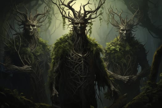 Deep within the mystical woodland realms of fantasy, ancient forest spirits stand as silent sentinels, their ethereal presence a testament to the wisdom and magic of the natural world.