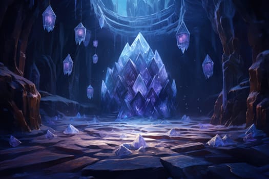 Deep within the realms of fantasy, mysterious icy caves hold untold treasures, guarded by glistening crystal golems.