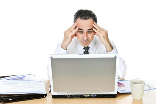 Businessman at his desk on white background