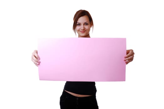 Young woman with advertising sign
