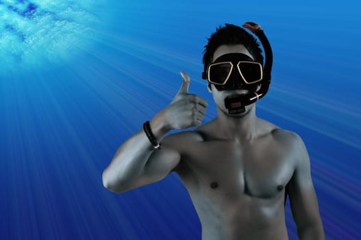 Man under blue water thumbs up