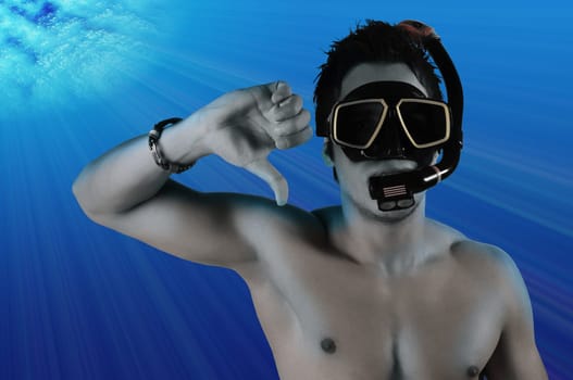 Man under blue water thumbs down