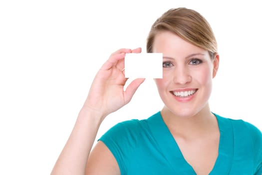 Woman with blank business card