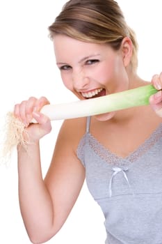 Young woman with leek stalk