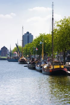 Harbor with ships in summer