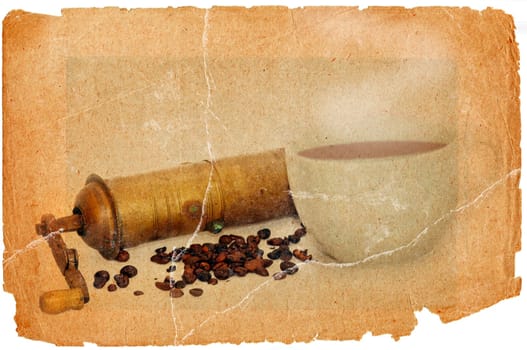 coffee mill and cup of hot black coffee