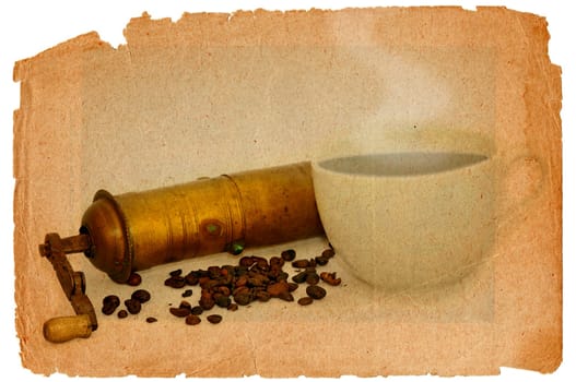 coffee mill and cup of hot black coffee