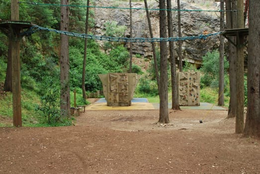 View of climbings walls and other activities on a park