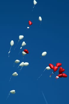 heart-shaped balloons in the blue sky