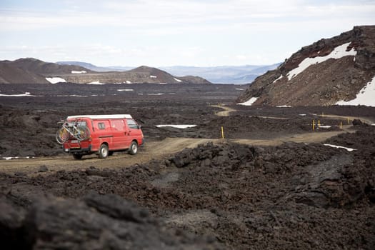 Driving through a lava field