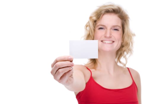 Woman with blank business card