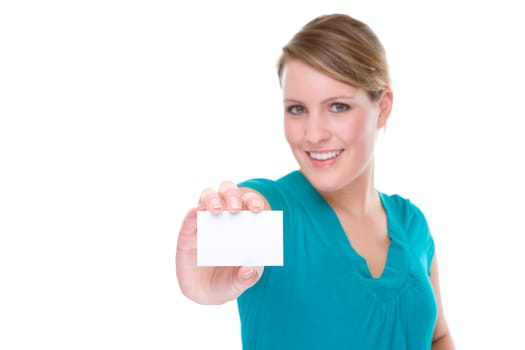 Woman with blank business card