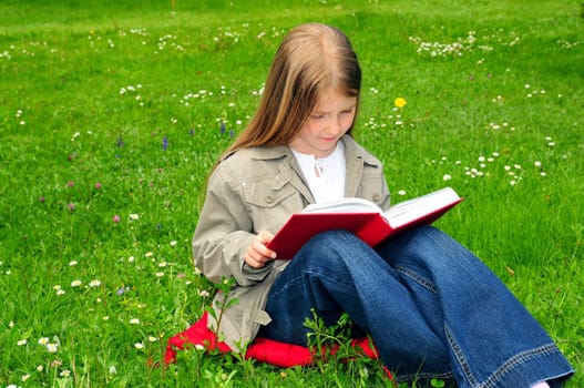 Child reading book on meadow