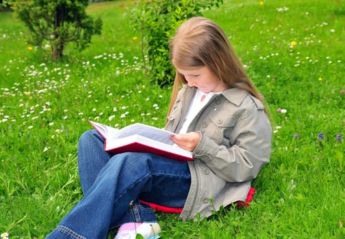 Child reading book on meadow