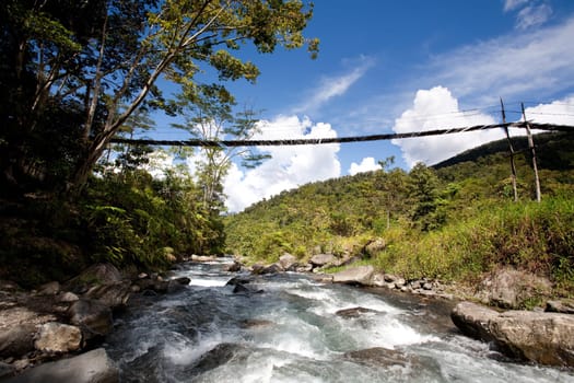 Mountain River with Hanging Bridge