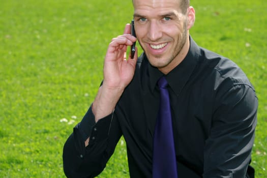 businessman during a conference call in a park