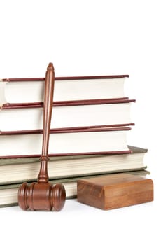 Wooden gavel and law books
