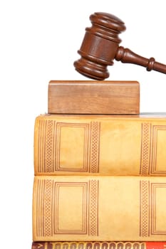 Wooden gavel and law books