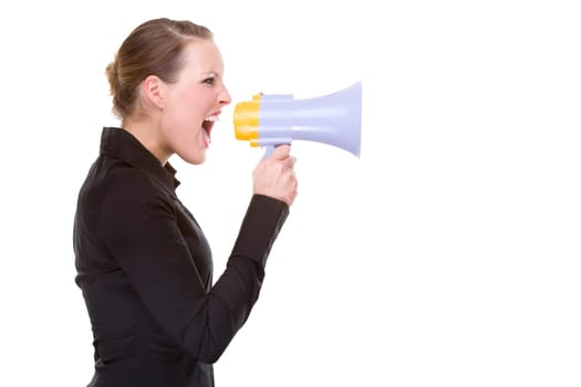 Woman screaming into a megaphone