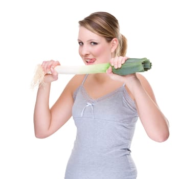 Young woman with leek stalk
