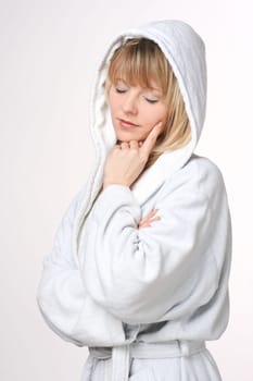 Blonde Women In Bathrobe Thinking