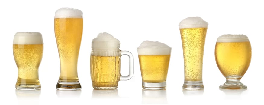 Different glasses of lager beer