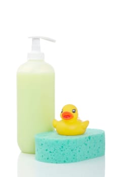 Rubber duck, soap and sponge