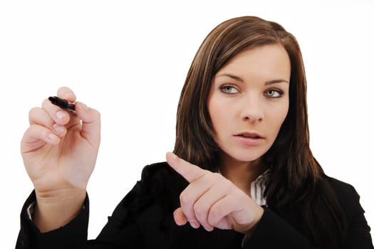 Businesswoman showing something on virtual blackboard