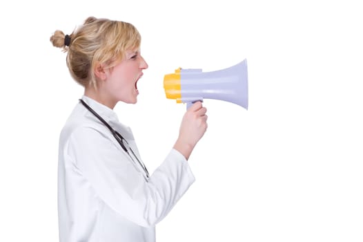 Young female doctor with megaphone