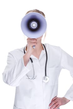 Young female doctor with megaphone
