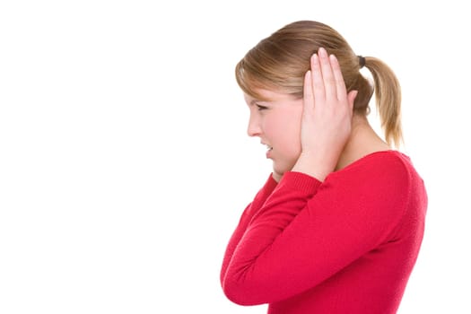 Woman covering her ears