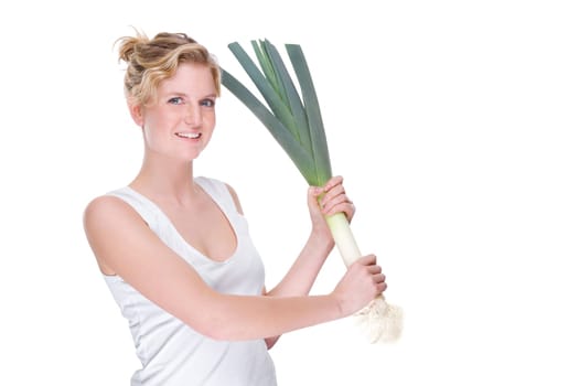 Young woman with leek stalk