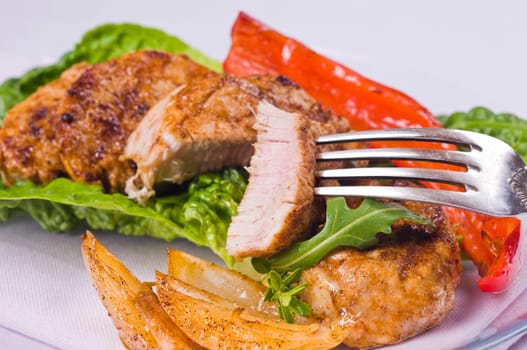 Pork medallions with fried onions,bell pepper and tomatoes on plate anger