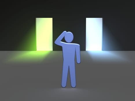 Man thinking which entrance to choose