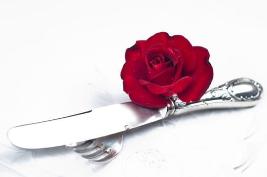 Silver cutlery with red rose
