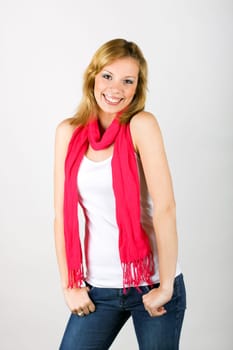 Woman with pink scarf